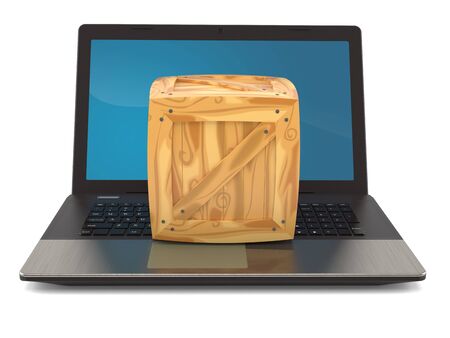 Cargo crate on laptop isolated on white backgroundの写真素材
