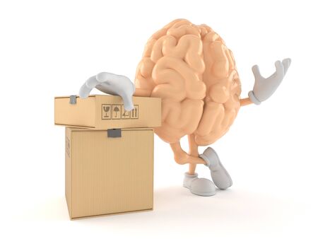 Brain character with stack of boxes isolated on white backgroundの写真素材