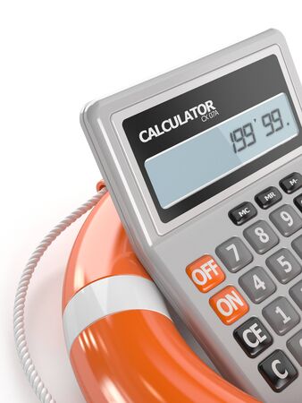 Life buoy with calculator isolated on white backgroundの写真素材