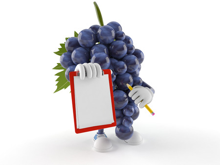 Grapes character with blank clipboard isolated on white backgroundの写真素材