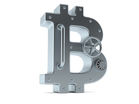Bitcoin symbol with combination lock isolated on white backgroundの写真素材