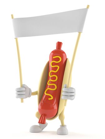 Hot dog character holding blank banner isolated on white backgroundの写真素材