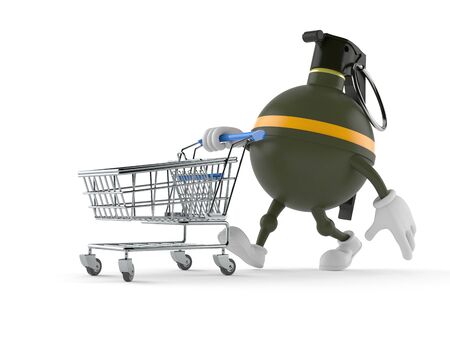 Hand grenade character with shopping cart isolated on white backgroundの写真素材