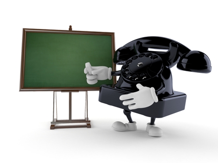 Telephone character with blank blackboard isolated on white backgroundの写真素材