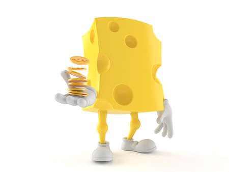 Cheese character with coins isolated on white backgroundの写真素材