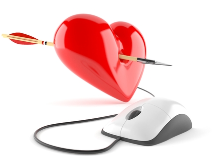 Heart with arrow and computer mouse isolated on white backgroundの写真素材