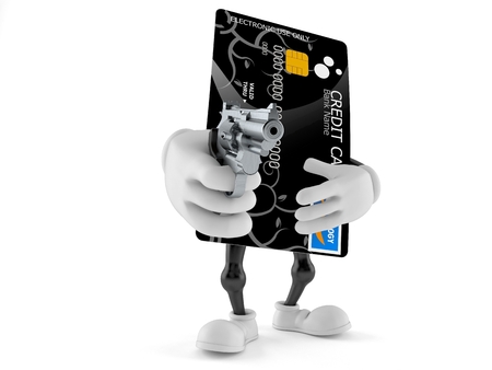 Credit card character aiming a gun isolated on white backgroundの写真素材