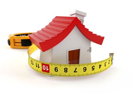 House with measuring tape isolated on white backgroundの写真素材