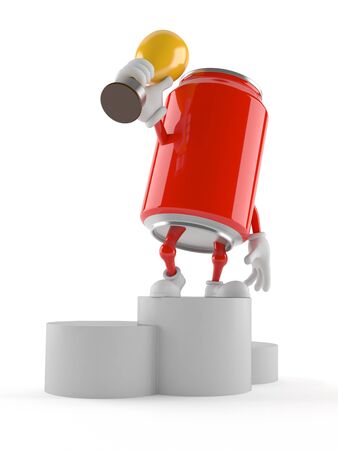 Soda can character holding golden trophy isolated on white backgroundの写真素材