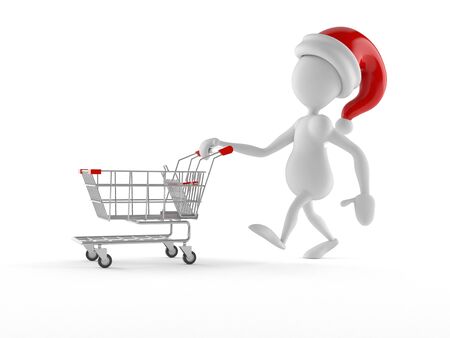 Santa with shopping cart isolated on white backgroundの写真素材