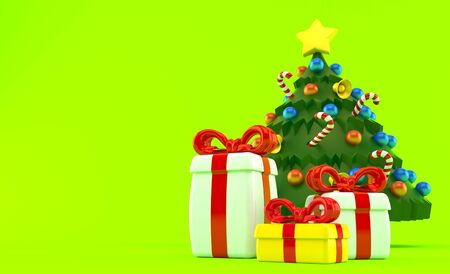 Christmas tree isolated on green backgroundの写真素材