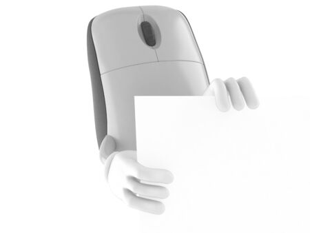 Computer mouse character behind white board isolated on white backgroundの写真素材