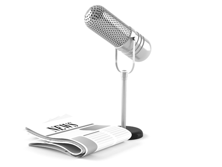 Microphone with newspaper isolated on white backgroundの写真素材