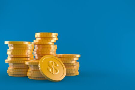 Stack of coins isolated on blue background