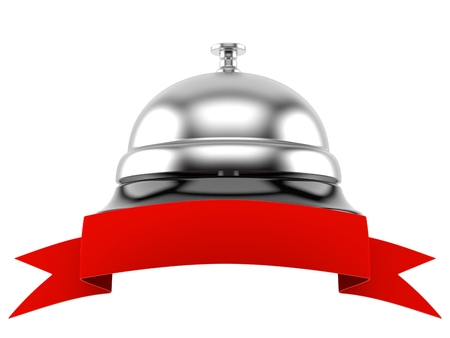 Hotel bell with blank red ribbon isolated on white backgroundの写真素材