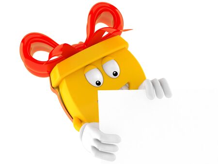 Gift character behind white board isolated on white backgroundの写真素材