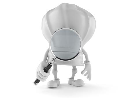 Chef character looking through magnifying glass isolated on white backgroundの写真素材
