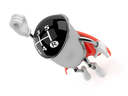 Gear knob character with hero cape isolated on white backgroundの写真素材