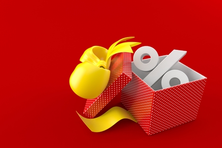 Gift with percent symbol isolated on red backgroundの写真素材