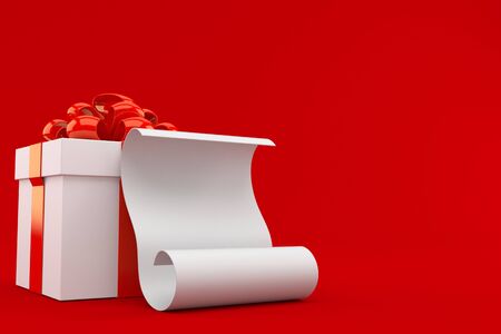 Gift with blank list isolated on red backgroundの写真素材