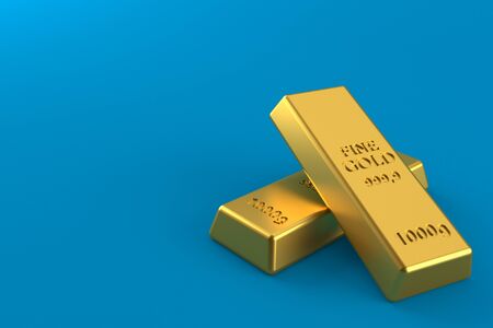 Gold ingots isolated on blue backgroundの写真素材