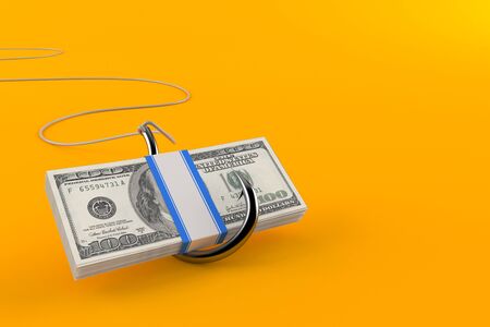 Hook with dollars isolated on orange backgroundの写真素材