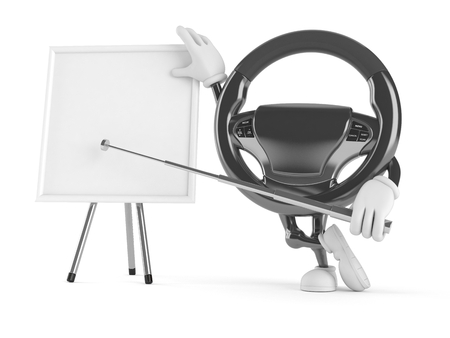 Car steering wheel character with whiteboard isolated on white backgroundの写真素材