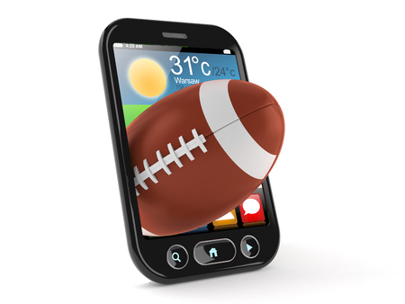 Rugby ball inside smart phone isolated on white backgroundの写真素材