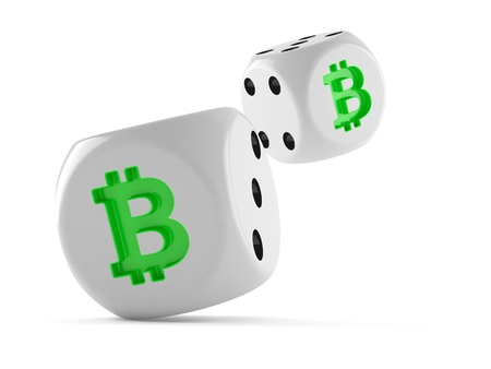 Dices with bitcoin symbol isolated on white backgroundの写真素材