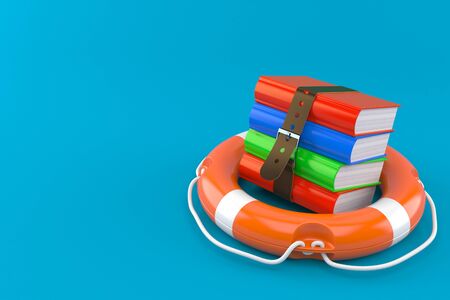 Life buoy with books isolated on blue backgroundの写真素材
