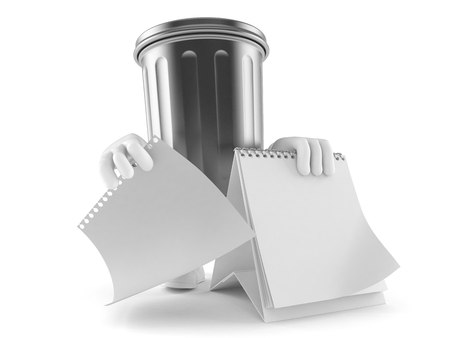 Trash can character with blank calendar isolated on white backgroundの写真素材