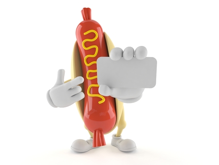Hot dog character holding blank business card isolated on white backgroundの写真素材
