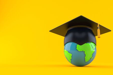Graduation hat with world globe isolated on orange backgroundの写真素材