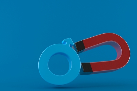 Horseshoe magnet with male gender symbol isolated on blue backgroundの写真素材