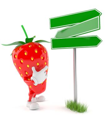 Strawberry character with blank signpost isolated on white backgroundの写真素材