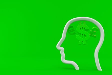 Currency symbols inside head isolated on green backgroundの写真素材