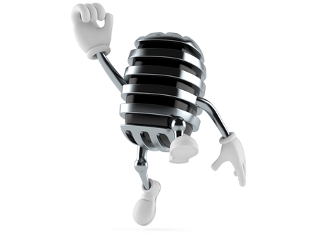 Microphone character jumping in joy isolated on white backgroundの写真素材