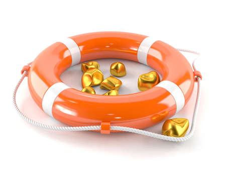 Gold nuggets with life buoy isolated on white background