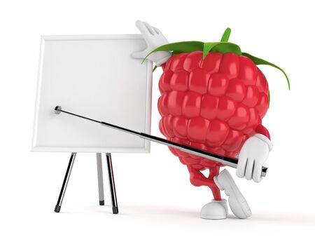 Raspberry character with blank whiteboard isolated on white backgroundの写真素材