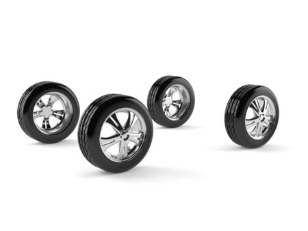 Four car wheels isolated on white backgroundの写真素材