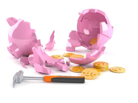 Broken Piggy bank isolated on white backgroundの写真素材