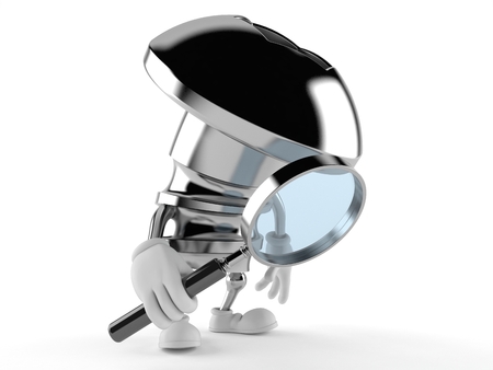Bolt character looking through magnifying glass isolated on white backgroundの写真素材