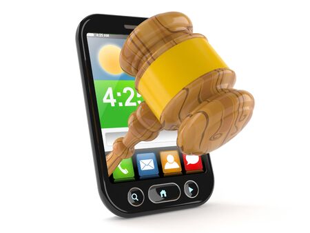 Gavel inside smart phone isolated on white backgroundの写真素材