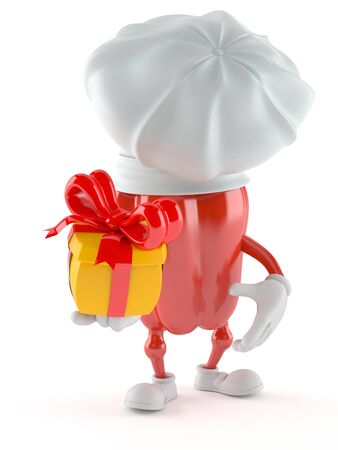 Paprika character holding gift isolated on white backgroundの写真素材