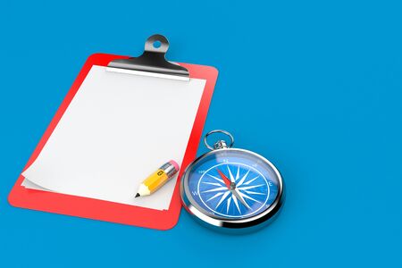 Compass with blank clipboard isolated on blue backgroundの写真素材
