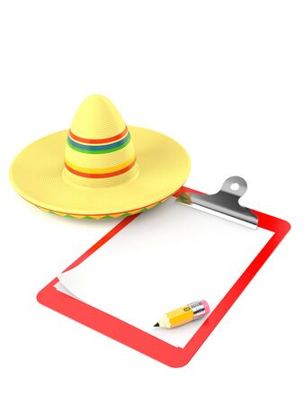 Sombrero with blank clipboard isolated on white backgroundの写真素材