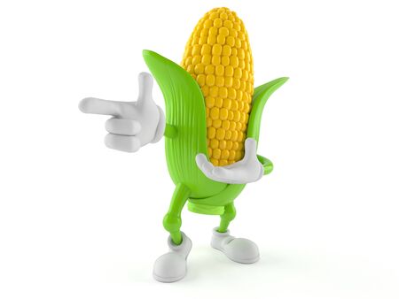 Corn character pointing finger isolated on white backgroundの写真素材