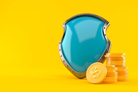 Protective shield with stack of coins isolated on orange background