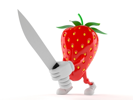 Strawberry character with kitchen knife isolated on white backgroundの写真素材