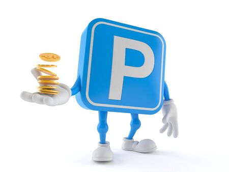 Parking symbol character with stack of coins isolated on white backgroundの写真素材